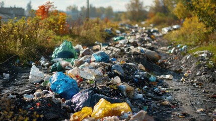 Obraz premium Overflowing garbage dump, linking waste management problems with environmental degradation