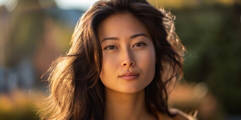 Naklejka premium A close-up portrait of an attractive young brunette woman outdoors, smiling happily in a park.