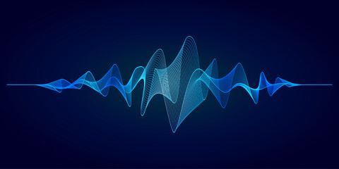 Glowing blue abstract soundwave, digital music equalizer frequency illustration, AI assistant voice.