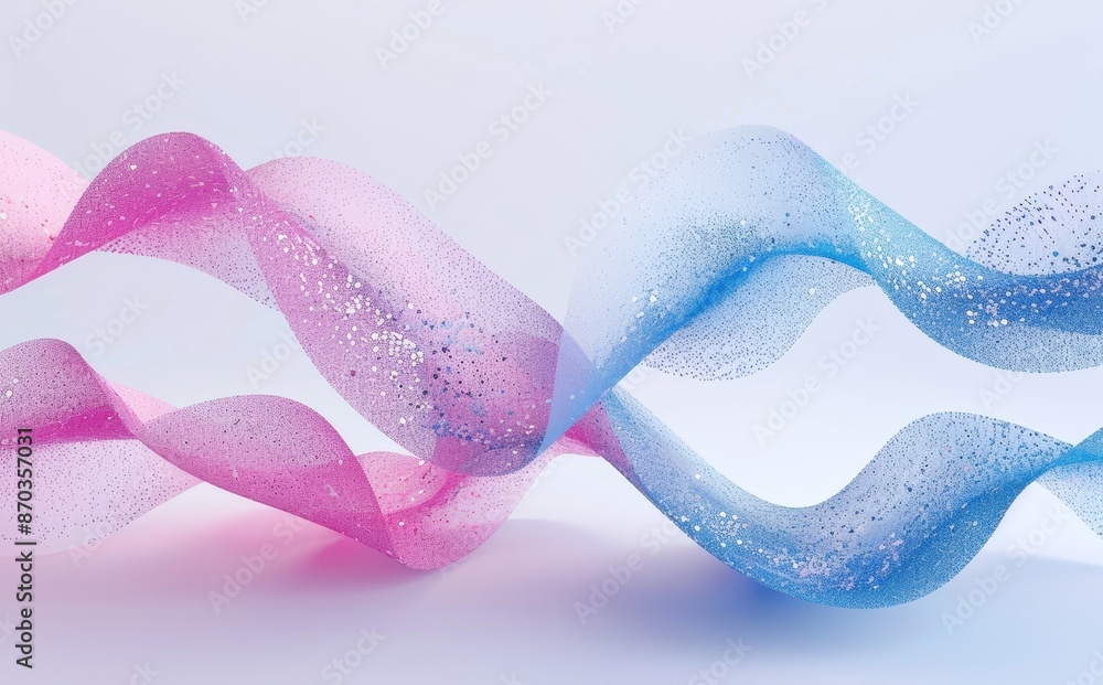 Poster glass geometry with flowing particles, 3d rendering.