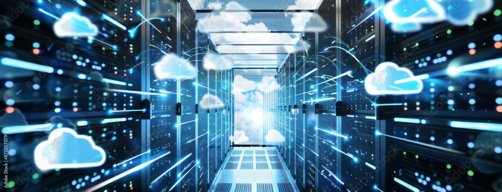 Poster objects in a data center with a server and network device on a rack cabinet, a kvm monitor with char