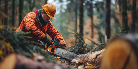 A lumberjack in a hardhat and workwear uses a chainsaw to cut logs in nature.