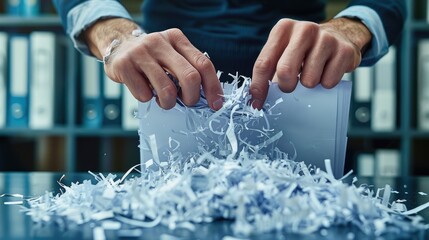 Person shredding documents containing sensitive personal information.