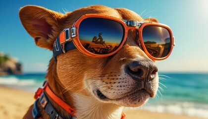 Dog wearing sunglasses on the beach.
