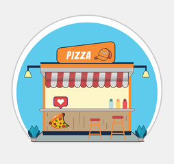 Cartoon pizza shop vector illustration food design