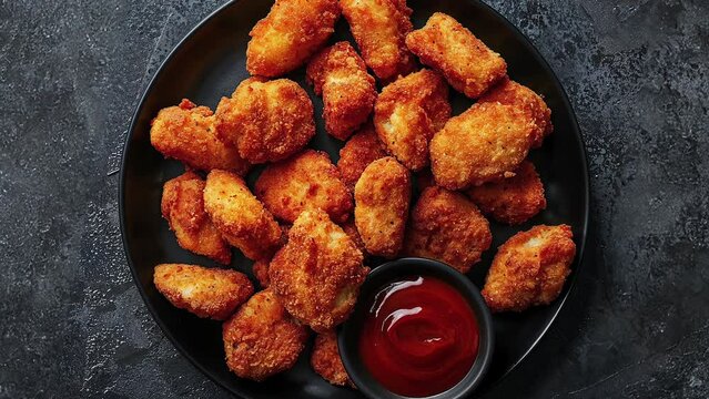 Crispy Chicken Nuggets With Ketchup On Black Plate