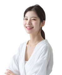Korean woman feeling happy and smiling with white outfit, isolated on white background, advertising style
