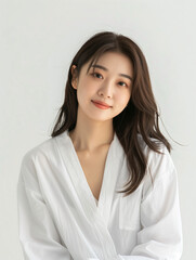 Korean woman feeling happy and smiling with white outfit, isolated on white background, advertising style