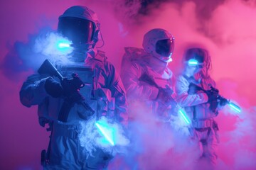 Futuristic soldiers with glowing weapons in a smoky environment
