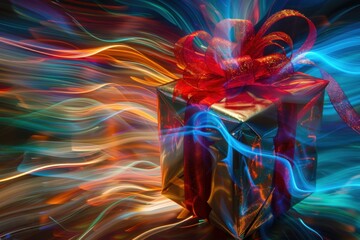 Obraz premium Vibrant wrapped gift with colorful light trails glowing around it.