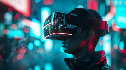 A person exploring a vibrant, neon-lit virtual cityscape using a VR headset, embodying the future of urban digital experiences.