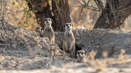 A family of meerkats stands alert at the entrance to their burrow, their heads turning in unison to scan for predators.