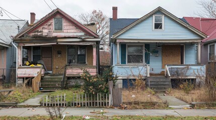 Two houses are shown side by side, one of which is in a state of disrepair. The other house is in a better condition. Scene is one of neglect and decay