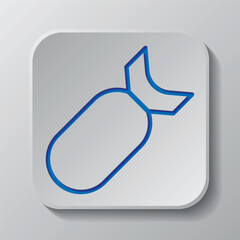 Bomb simple icon vector. Flat design. Paper cut design. Cutted blue symbol with shadow. Gray badge button, gray background