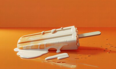 hyper-realistic melting popsicle on an orange background with white and beige smooth texture, captured in high resolution photography in the style of octane render