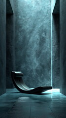 A sleek, modern chair sits alone at the center of a concrete room with atmospheric lighting from above - Generative AI