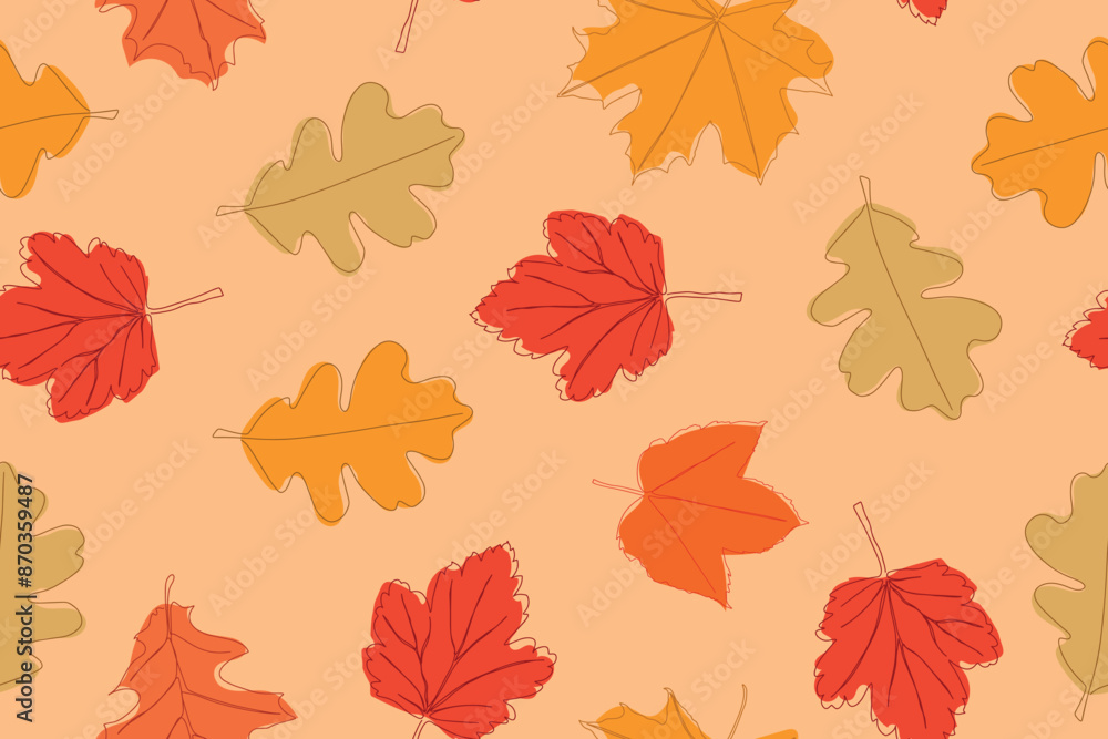 Wall mural seamless pattern of bright autumn leaves drawn in a continuous line. autumn leaf in one line style. 