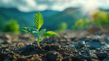 Small green plant is growing in a rocky, barren field. The plant is surrounded by dirt and rocks, and it is struggling to survive in the harsh environment. Concept of resilience and determination