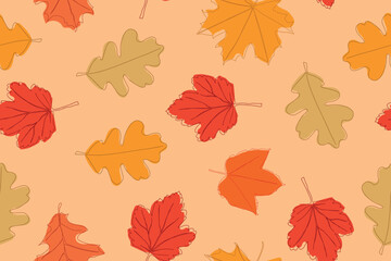 Seamless pattern of bright autumn leaves drawn in a continuous line. Autumn leaf in one line style. Composition of various leaves. Leaves with a simple outline. Vector illustration