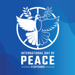 International day of peace - Front white peace dove hold leaf flying up in circle peace sign on blue background vector design