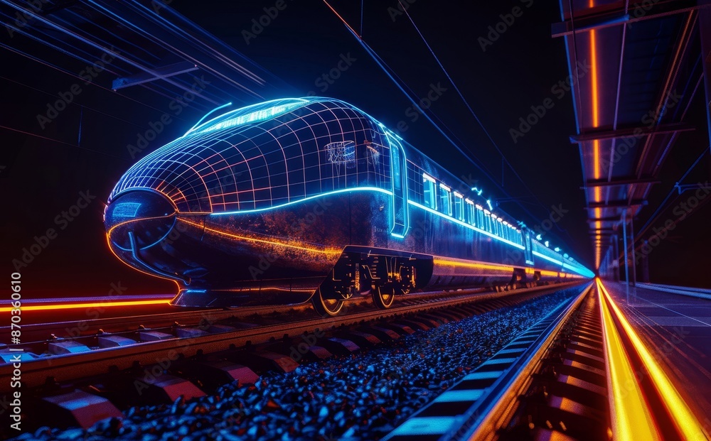 Poster 3d rendering of a bullet train on a high-speed railway.
