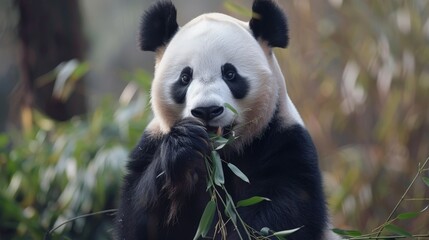 A giant panda munches on bamboo, its gentle demeanor and striking black-and-white fur captivating the hearts of many.