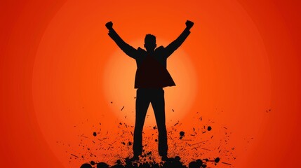 Fototapeta premium Triumphant Silhouette of a Person Celebrating Victory with Raised Arms Against an Orange Background