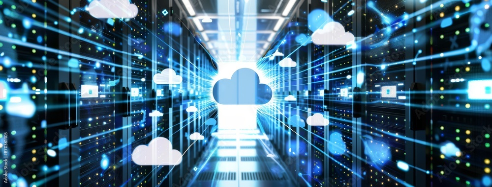 Poster internet data center room with server and networking devices on rack cabinets, and kvm monitor with 