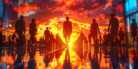 Fototapeta premium Silhouette of business people work together in office. Concept of teamwork and partnership. double exposure with light effects