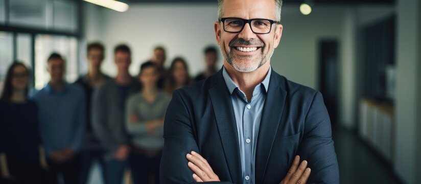 Confident mature male CEO with glasses smiling in office at a team meeting, posing for a business portrait with folded arms, against a copy space image.