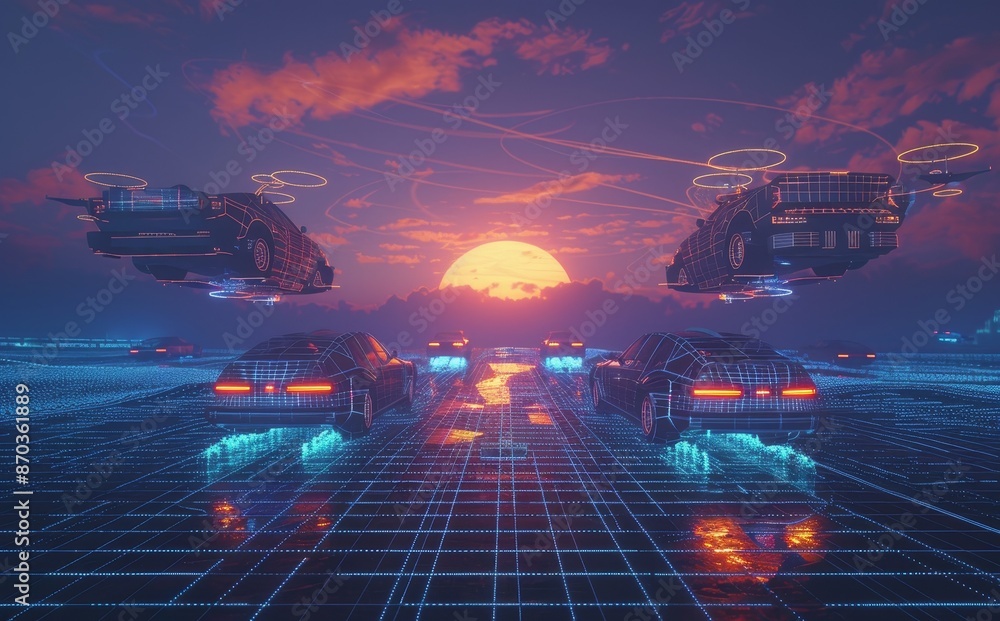 Poster an aerial drone with a futuristic digital structure and a 3d rendering.