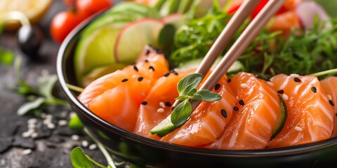 A black bowl of food with a variety of vegetables and fish. The bowl is filled with sushi and the person is using chopsticks to eat it