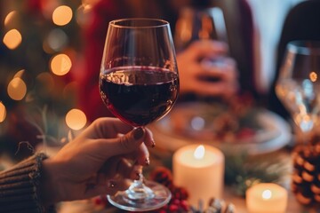 Obraz premium Friends celebrating holidays with non alcoholic red wine at home.