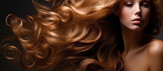 Fototapeta premium Women's fashion focuses on hair care for wavy, long, and thick hair, with a copy space image.