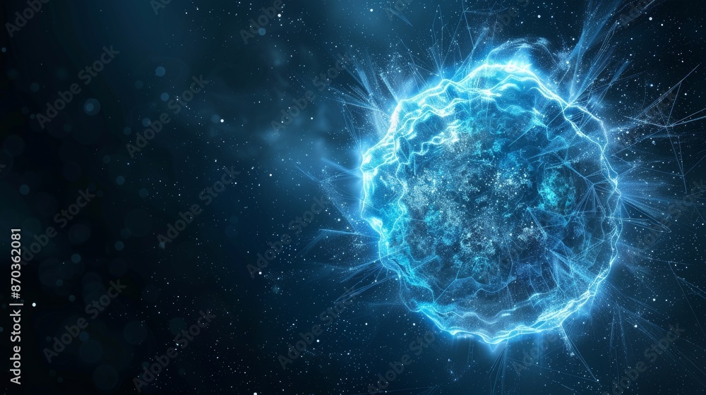 Poster deformed sphere shapes with abstract particles behind them