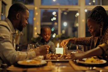 African American family saying grace at dinner table.