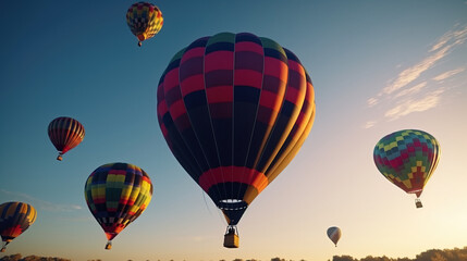 Fototapeta premium Colored balloons fly in the clouds in the sun over the mountains, hills. AI generated.