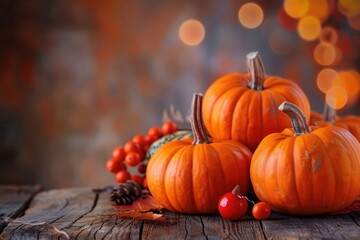 Thanksgiving Pumpkins and Squash on Wooden Background for Autumn Festival.