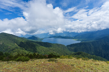  Beautiful freshwater lake view with cloudy blue-sky background—stunning view of the magical lake in the middle of the Himalayas.