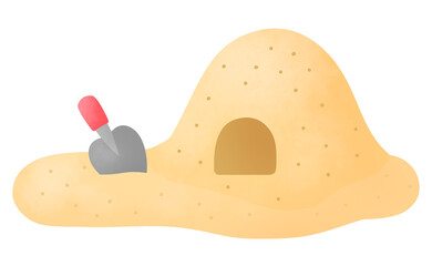 スコップを使って砂浜で遊ぶイラスト
