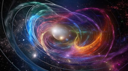 Obraz premium Quantum space explosion, colorful lines abstract scientific visualization, dark background. AI generated.
