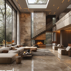 evening, on sunny days, the super large living room, super large skylight, stairs, sofa, fireplace, warm, and ultra high definition glass create a grand and ultra high definition feeling. Real time s