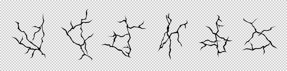 Ground cracks set, land surface and breaks from earthquake isolated on transparent background. Black fractures, fissure in ground, crevices from disaster or drought vector collection