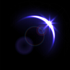 Solar eclipse overlay effect on black background vector illustration. Neon blue blazing star edge behind planet in dark sky or space, sunrise in cosmos