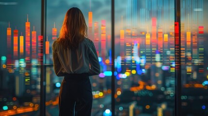 Businesswoman gazing at cityscape with strategy overlays, symbolizing visionary leadership and planning.