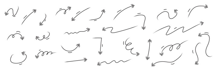 Black arrow vector hand drawn sketch icons set. Scribble sketch hand drawn direction elements set. Vector illustration.
