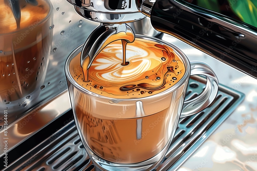 Poster close up of a latte with intricate caramel art in a modern cafe setting