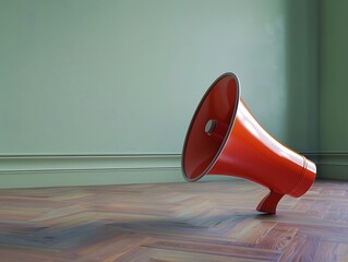 Red megaphone on a wooden floor. 3d rendering.