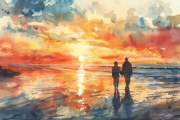 Fototapeta premium Watercolor painting of a couple walking hand-in-hand along a serene beach at sunset, reflecting vibrant colors in the water.