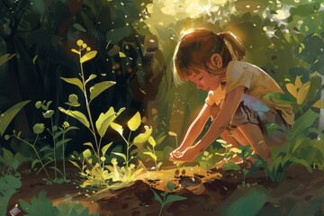 Fototapeta premium A child plants seeds in a small garden plot, nurturing future growth. The scene is filled with curiosity as they learn about nature and the wonders of gardening, regenerative instead of sustainable